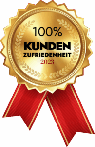 Goldenes Medaillen-Siegel mit rotem Band und der Aufschrift „100 % Kundenzufriedenheit 2023“.