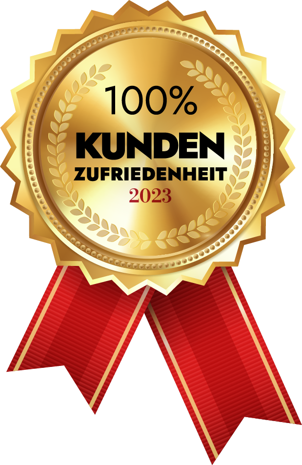 Goldenes Medaillen-Siegel mit rotem Band und der Aufschrift „100 % Kundenzufriedenheit 2023“.