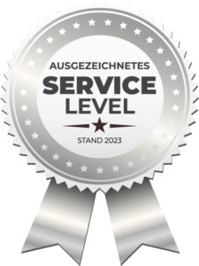 Goldenes Medaillen-Siegel mit rotem Band und der Aufschrift „100 % Kundenzufriedenheit 2023“.